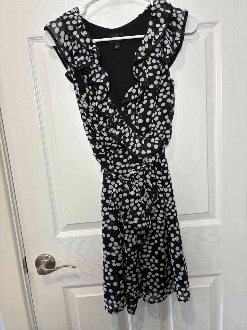 Iz Byer Black and White Polka Dot Ruffle Wrap Midi Dress